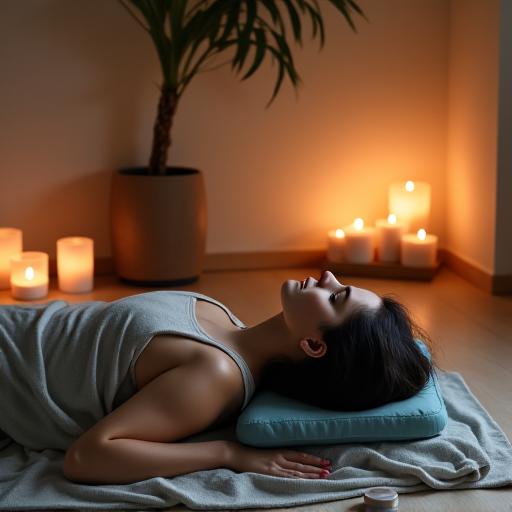 A person relaxing in a supported Yin yoga pose with bolsters.