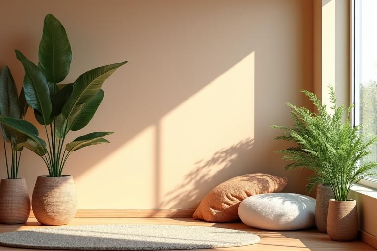 A calm corner of the yoga studio with plants and comfortable cushions.